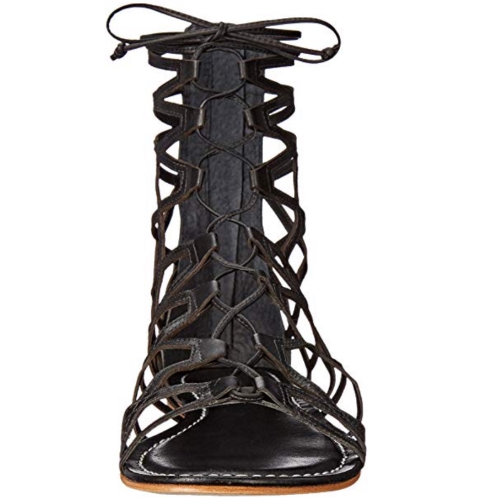 Black Leather Tall Strappy Caged Gladiator Sandal - Picture 3 of 6